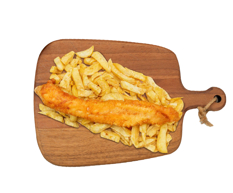crispy fish and golden fries on a board served at Mr Crollas Tranent 